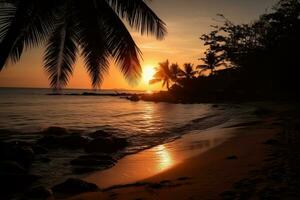 ein Strand beim Sonnenuntergang mit das Sonne langsam schmelzen in das Ozean. Strahlen von Orange und Purpur reflektieren auf das plätschern Meer wie Tag verblasst zu Dämmerung. Silhouetten von Palme Bäume auf das Ufer. generativ ai foto