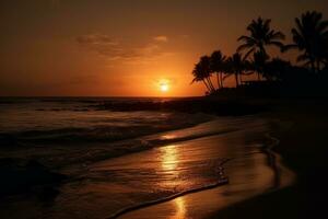 ein Strand beim Sonnenuntergang mit das Sonne langsam schmelzen in das Ozean. Strahlen von Orange und Purpur reflektieren auf das plätschern Meer wie Tag verblasst zu Dämmerung. Silhouetten von Palme Bäume auf das Ufer. generativ ai foto