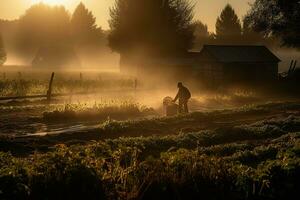 ein heiter, früh Morgen Gemüse Ernte, Erfassen das taubedeckt Pflanzen, das weich, golden Licht von Sonnenaufgang, und das friedlich Atmosphäre von ein Bauernhof Vor das Tag Arbeit beginnt. generativ ai. foto