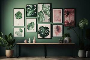 ein einstellen von gerahmt Monstera druckt oder Plakate angezeigt auf ein Wand, gegen ein neutral Hintergrund, mit ein Sinn von künstlerisch und botanisch Dekor. Konzept Innere Design und Dekoration. generativ ai foto