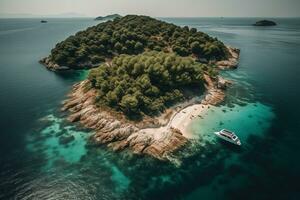 ein atemberaubend Antenne Schuss von ein klein Insel umgeben durch Kristall klar Gewässer, mit ein einsam Boot verankert nahe. das Insel ist bedeckt im üppig Grün und hat ein klein sandig Strand. generativ ai foto