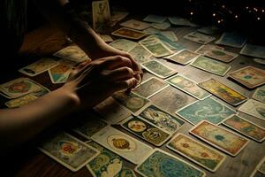 Tarot Karten, aber jeder Karte Eigenschaften Interpretationen von astrologisch Transite oder das Positionen von das Planeten im anders Häuser von das Tierkreis. zwei Divination Systeme verschlungen. generativ ai foto