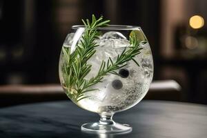 handwerklich Gin und Tonic, serviert im ein groß, Ballon Glas mit ein Vielfalt von botanisch garniert, eine solche wie Gurke, Rosmarin, und Wacholder Beeren, auf ein minimalistisch, Marmor Bar oben. generativ ai foto