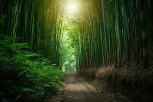 ein Wicklung Straße durch ein Bambus Wald. dicht Wald Straße, Stille und Harmonie inmitten das Bambus. generativ ai. foto