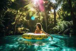 Frau im ein zwei Stück Badeanzug Lounges auf ein Schwimmbad schweben, umgeben durch üppig Grün und Palme Bäume. das Sonne Gießen warm Licht auf ihr Haut und Erstellen ein natürlich Linse Fackel Wirkung. generativ ai foto