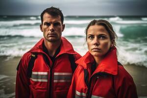 Werbung Porträt Schuss von ein Baywatch Wachen im rot Badeanzüge Stehen zusammen im ein Rettungsschwimmer Turm und Sie aussehen beim das Kamera. generativ ai foto