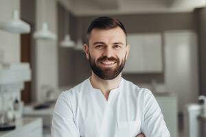 Werbung Porträt Schuss von ein Zahnarzt Stehen zusammen im ein Dental trainieren und Sie aussehen beim das Kamera. generativ ai foto