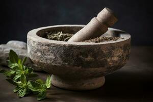 ein aufwendig Stein Granatwerfer und Stößel, Mahlen frisch Kräuter und Wurzeln in ein Heilung Salbe oder Pulver. machen das zeitlos, sorgfältig Prozess von traditionell ayurvedisch Compoundierung. generativ ai foto