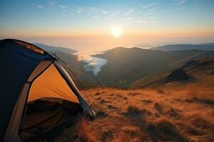 Camping auf das oben von das Berg mit schön Panorama beim Sonnenaufgang Licht Aussicht von ein Zelt. generativ ai foto