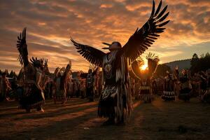 einheimisch amerikanisch Tänzer durchführen ein zeremoniell Adler tanzen, Waffen ausgestreckt und Köpfe gekippt zurück zu porträtieren das majestätisch Vogel nehmen Flug auf Rotbraun Sonnenuntergang Himmel. generativ ai foto