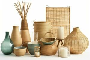 Bambus Möbel, solarbetrieben Beleuchtung, und recycelt Glas Vasen.generativ ai foto