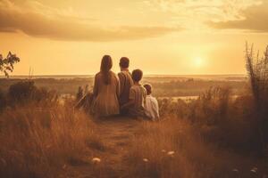 Mutter, Vater, Kinder Sohn und Tochter auf Natur beim Sonnenuntergang. generativ ai foto