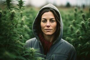 prominent und erfolgreich weiblich Cannabis Bauern, posieren zum das Kamera im Felder von ihr geschätzt Stämme. Porträts Hervorheben das Fähigkeit, Erfahrung und Persönlichkeit hinter das Getreide. generativ ai foto