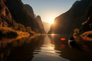 Kajak fahren im das Senke zwischen Schluchten beim das Sonnenuntergang. generativ ai foto