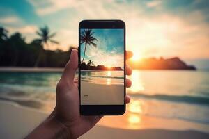 Bild von mans Hand halten Smartphone mit schön Bild auf Bildschirm. tropisch Strand mit Palmen Weiß Sand und türkis Wasser. generativ ai foto