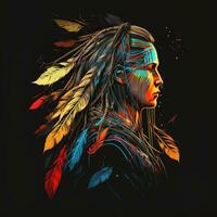 Porträt von ein einheimisch Krieger, Zöpfe mit einer Feder im ein einheimisch Stirnband. T-Shirt Vektor, lebendig Farben, detailliert, auf schwarz Hintergrund. generativ ai. foto