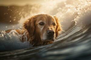 golden Retriever Spaß auf groß Ozean Welle beim Sonnenuntergang. generativ ai. foto