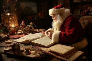 Santa lesen herzlich danken Sie Briefe von Kinder alle Über das Welt, ein zerreißen von Freude rollen Nieder seine runden Wange. generativ ai foto