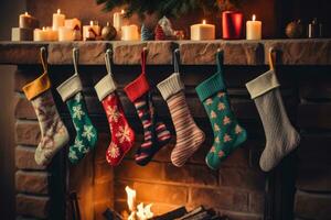 Weihnachten Geschenk Socken hängend auf das Kamin mit Feuer. ai generiert foto