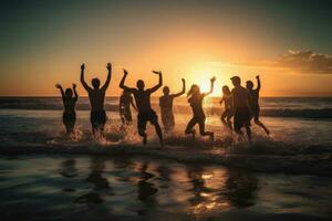 Silhouetten von jung Gruppe von Menschen Springen im Meer beim Sonnenuntergang. Konzept Sommer Urlaub. generativ ai foto