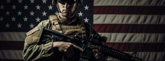 Veteranen Tag, Auszeichnung alle Wer serviert. Soldat im Vorderseite von amerikanisch Flagge. Soldat mit automatisch Gewehr. generativ ai foto
