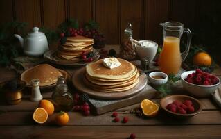 Pfannkuchen Turm mit frisch Blaubeeren, Orangen und Eier auf ein rustikal hölzern Tisch. generativ ai. foto