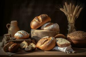 Aussicht von Sortiment von anders nett von Brot Bäckerei. Konzept Menüs und Werbung. generativ ai foto