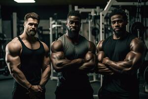 Werbung Porträt Schuss von ein Mannschaft extrem Bodybuilder trainieren Stehen zusammen im ein Fitnessstudio und lächelnd beim das Kamera. generativ ai foto