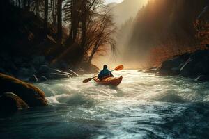 Aktion Schüsse von ein Kajakfahrer auf ein Fluss im das sonnig Tag- generativ ai foto