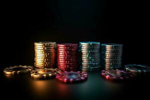 Kasino Poker Chips beleuchtet durch farbig Neon. jene Wer nicht abspielen nicht Risiko. ai generativ foto