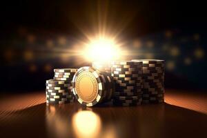 Kasino Poker Chips beleuchtet durch farbig Neon. jene Wer nicht abspielen nicht Risiko. ai generativ foto