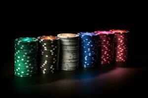 Kasino Poker Chips beleuchtet durch farbig Neon. jene Wer nicht abspielen nicht Risiko. ai generativ foto