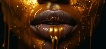 schließen oben von Kupfer Farbe auf das Lippen von ein schön Vampir Frau mit ein wenig öffnen Monat. generativ ai. foto