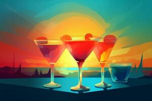 Vektor Illustration von bunt Cocktail beim Sonnenuntergang. generativ ai foto