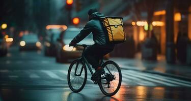 Essen Lieferung Reiten ther Fahrrad im das Stadt. generativ ai. foto