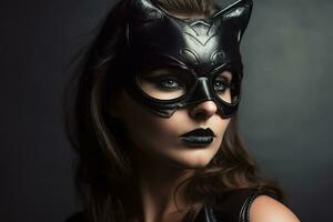 Porträt von sexy Glanz Frau im ein schwarz Leder Katze Maske. generativ ai foto