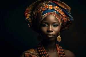 ein Porträt von afrikanisch Frau im traditionell Kopfschmuck. generativ ai foto