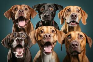ein Collage von komisch Nahaufnahmen präsentieren Hunde mit schrullig Gesichts- Ausdrücke, sicher zu bringen ein Lächeln zu irgendjemandem Gesicht. generativ ai foto