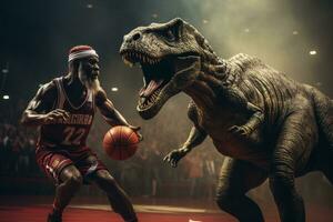 3d machen von ein voller Spaß Bild von Dinosaurier im Wettbewerb im Basketball Sport Fall. generativ ai foto