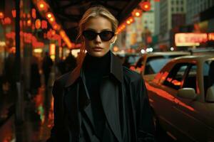 ein blond femme Fatale gekleidet im ein schick schwarz Graben Mantel und schwarz Sonnenbrille, stolzieren selbstbewusst Nieder ein neonbeleuchtet städtisch Straße. generativ ai foto