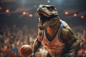 3d machen von ein voller Spaß Bild von Dinosaurier im Wettbewerb im Basketball Sport Fall. generativ ai foto