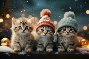 ein ausrichten von süß Kätzchen tragen winzig Weihnachten Schals und umgeben durch Schneeflocken und funkeln Beleuchtung, präsentieren das Magie von das Urlaub Jahreszeit. generativ ai foto