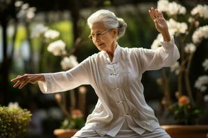 ein Senior Frau üben tai Chi im ein heiter Garten, verkörpern Gleichgewicht, innere Frieden, und das Leistungen von achtsam Bewegung. generativ ai foto