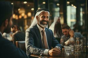 ein Schuss von ein arabisch Geschäftsmann im ein Geschäft Treffen mit Kollegen im Treffen Zimmer im Wolkenkratzer. generativ ai foto