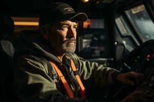 ein Innere Aussicht von das Fahrer Sitz, zeigen ein erfahren Trucker auf das Straße, konzentriert und bestimmt. generativ ai foto