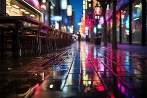 ein städtisch Straße Szene mit glühend Neon- Beleuchtung, vermitteln das beschwingt Energie von ein Stadt Nachtleben. generativ ai foto