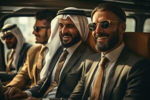Geschäft arabisch Mannschaft reden im das Limousine. generativ ai foto