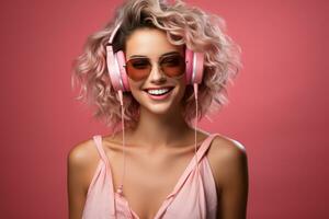 Sommer- bunt Porträt von stilvoll jung Frau im Kopfhörer Hören zu Musik- auf Rosa Hintergrund. generativ ai foto