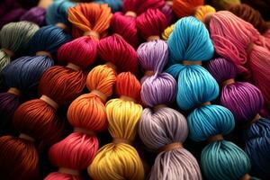 beschwingt Bündel von Garn im verschiedene Texturen und Farbtöne, symbolisieren das Vielfalt von Textilien im das Industrie. generativ ai foto