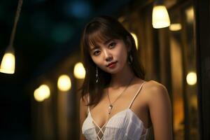 schön asiatisch Mädchen auf Glanz und sinnlich Kleid ai generativ foto